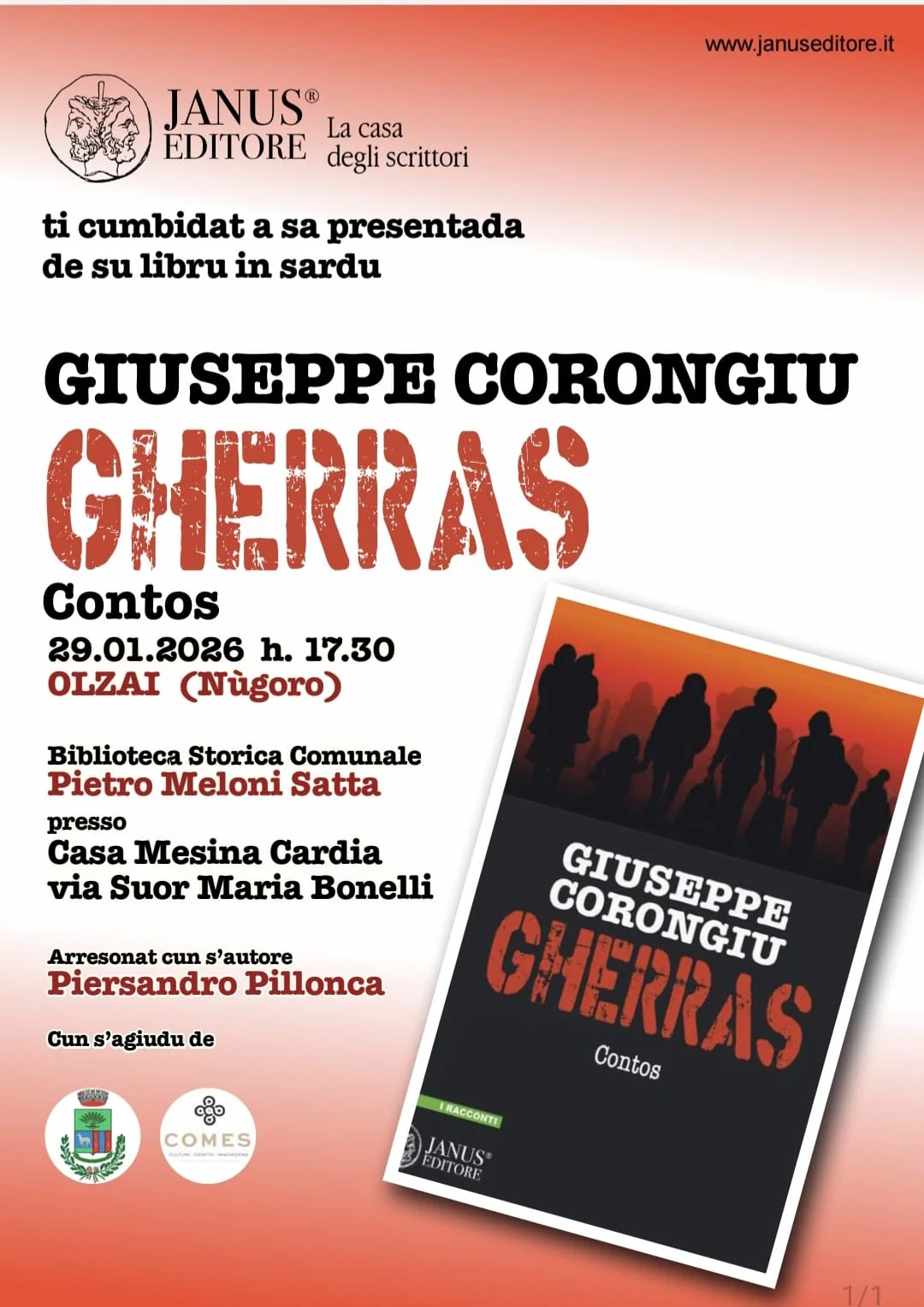 PRESENTAZIONE DEL LIBRO DI GIUSEPPE CORONGIU' GHERRAS' -  BIBLIOTECA COMUNALE _CASA MESINA 29/01/2026 ore 17,30