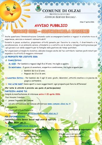 Estate 2026    –  costruiamola insieme! avviso pubblico e modulistica