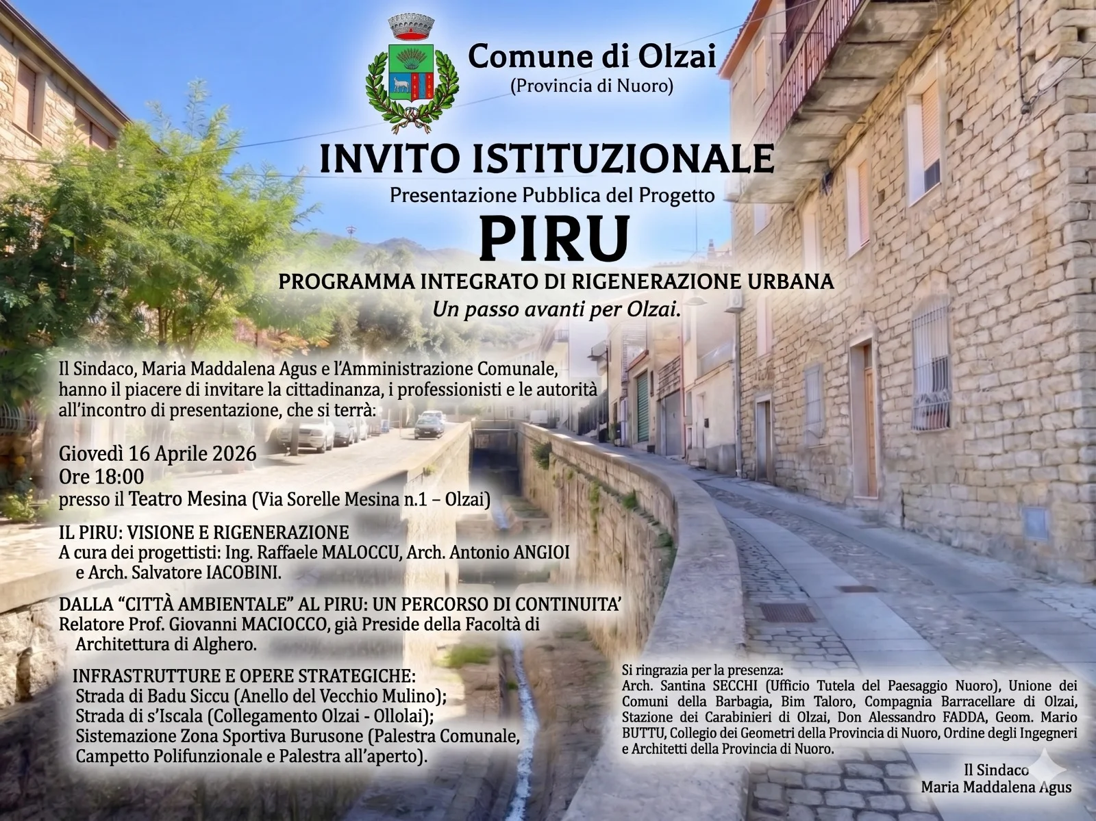 PRESENTAZIONE DEL PIRU - PROGRAMMA INTEGRATO DI RIGENERAZIONE URBANA - OLZAI TEATRO MESINA 16 aprile 2026 ore 18,00