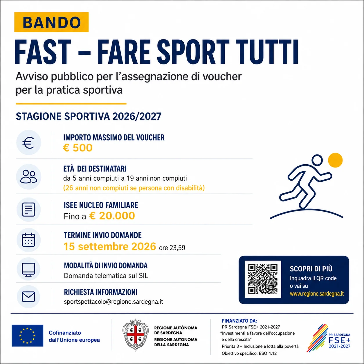 BANDO REGIONE SARDEGNA _FAST – FAre Sport Tutti, voucher fino a 500 euro per sostenere la pratica sportiva dei giovani nella stagione sportiva 2026/2027. SCADENZA 15 settembre 2026
