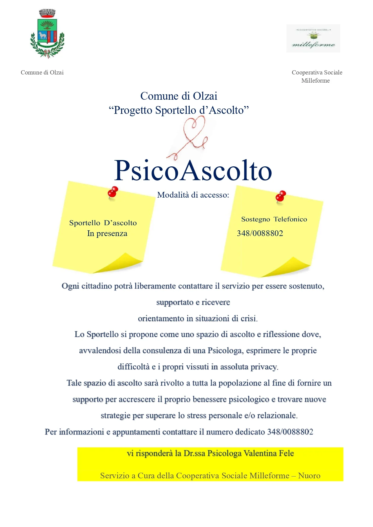 Attivazione sportello di  psico ascolto - consulenza psicologica