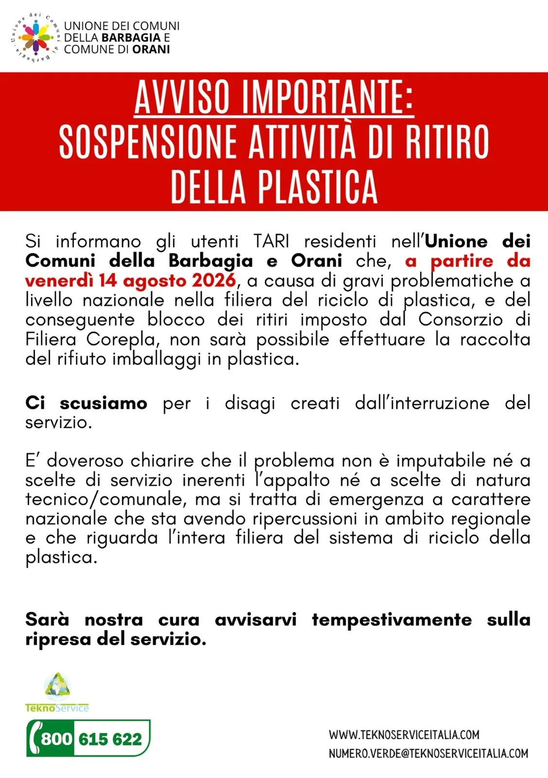 Avviso importante raccolta plastica