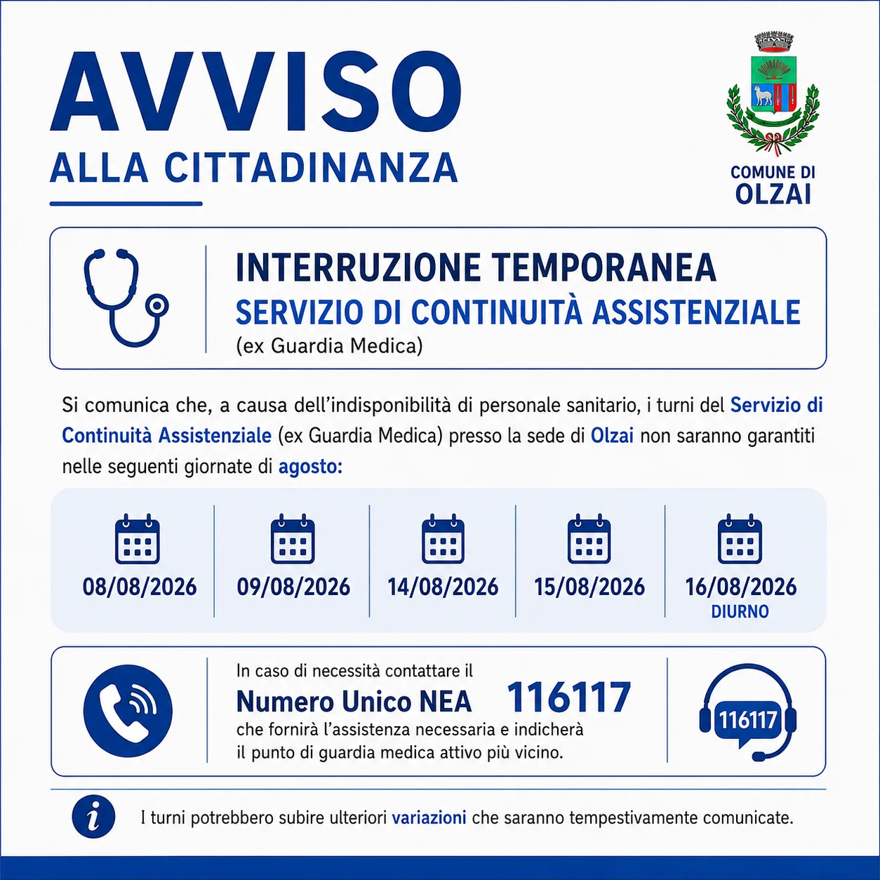 Avviso interruzione temporanea servizio di continuita' assistenziale