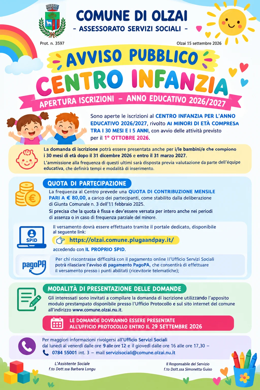 CENTRO INFANZIA APERTURA ISCRIZIONI – ANNO EDUCATIVO 2026/2027 - SCADENZA DOMANDE 29 settembre 2026