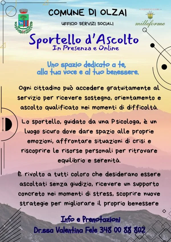 Servizio sportello d'ascolto in presenza e online - info e prenotazioni