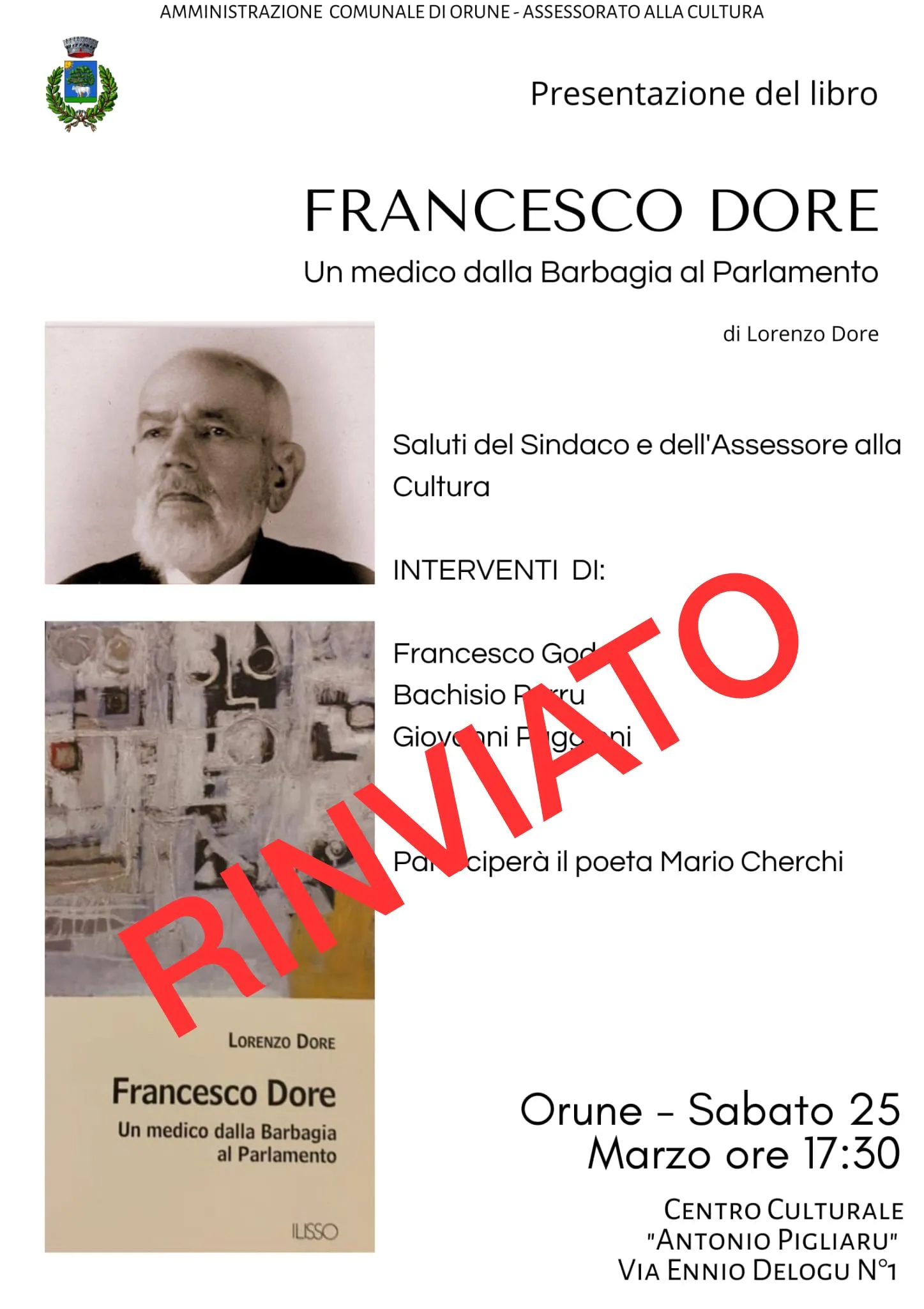 RINVIO PRESENTAZIONE DEL LIBRO 'FRANCESCO DORE ' di Lorenzo Dore