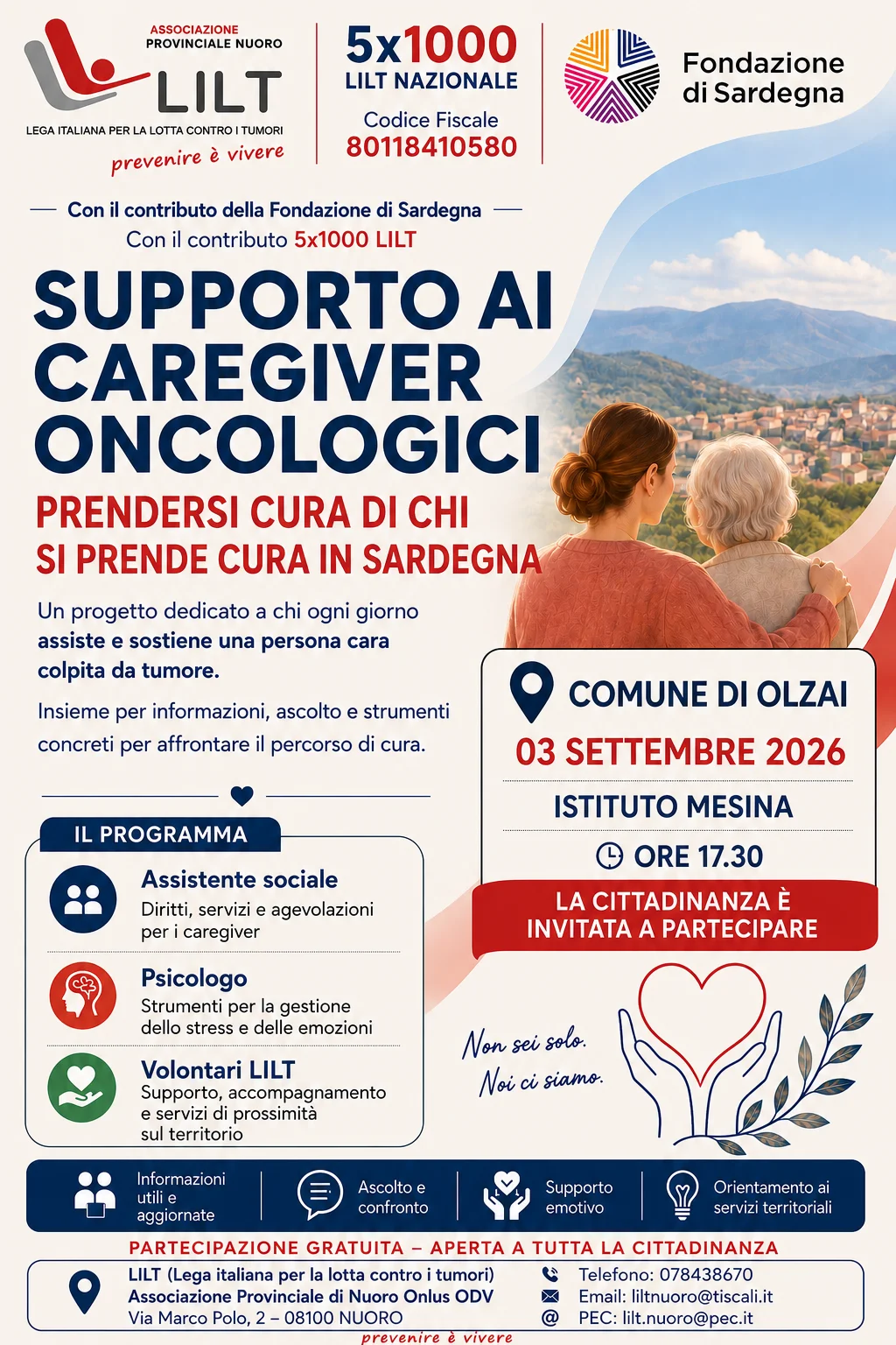 3 settembre 2026 - teatro mesina ore 17,30    presentazione del progetto: supporto ai cargiver oncologici prendersi cura di chi si prende cura in sardegna