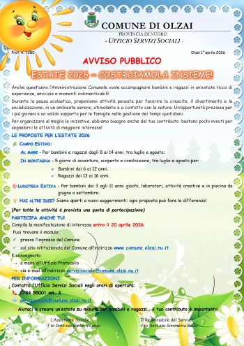 ESTATE 2026    –  COSTRUIAMOLA INSIEME! AVVISO PUBBLICO E MODULISTICA