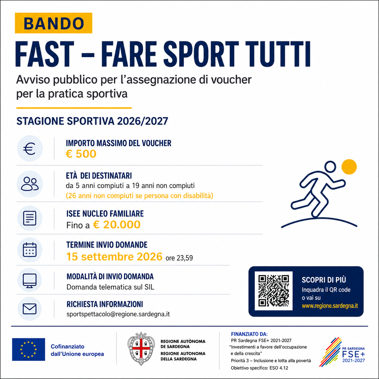 BANDO REGIONE SARDEGNA _FAST – FAre Sport Tutti, voucher fino a 500 euro per sostenere la pratica sportiva dei giovani nella stagione sportiva 2026/2027. SCADENZA 15 settembre 2026