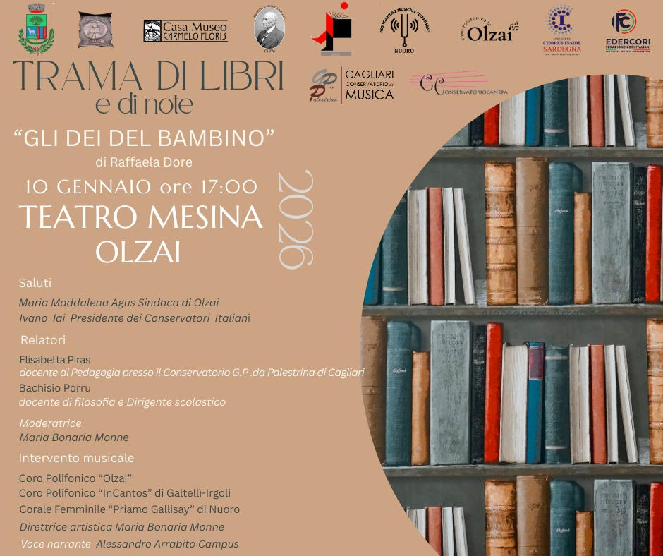 EVENTI DI NATALE 2025 - TRAMA DI LIBRI E DI NOTE: OLZAI RICORDA RAFFAELA DORE CON 'GLI DEI DEL BAMBINO' - TEATRO MESINA 10/01/2026 ore 17:00