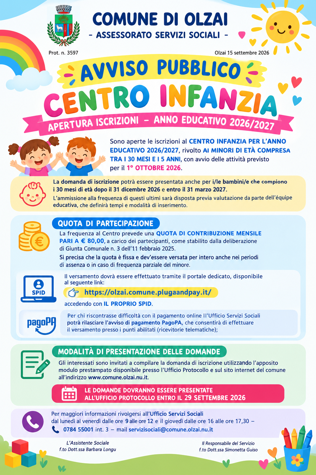 CENTRO INFANZIA APERTURA ISCRIZIONI – ANNO EDUCATIVO 2026/2027 - SCADENZA DOMANDE 29 settembre 2026