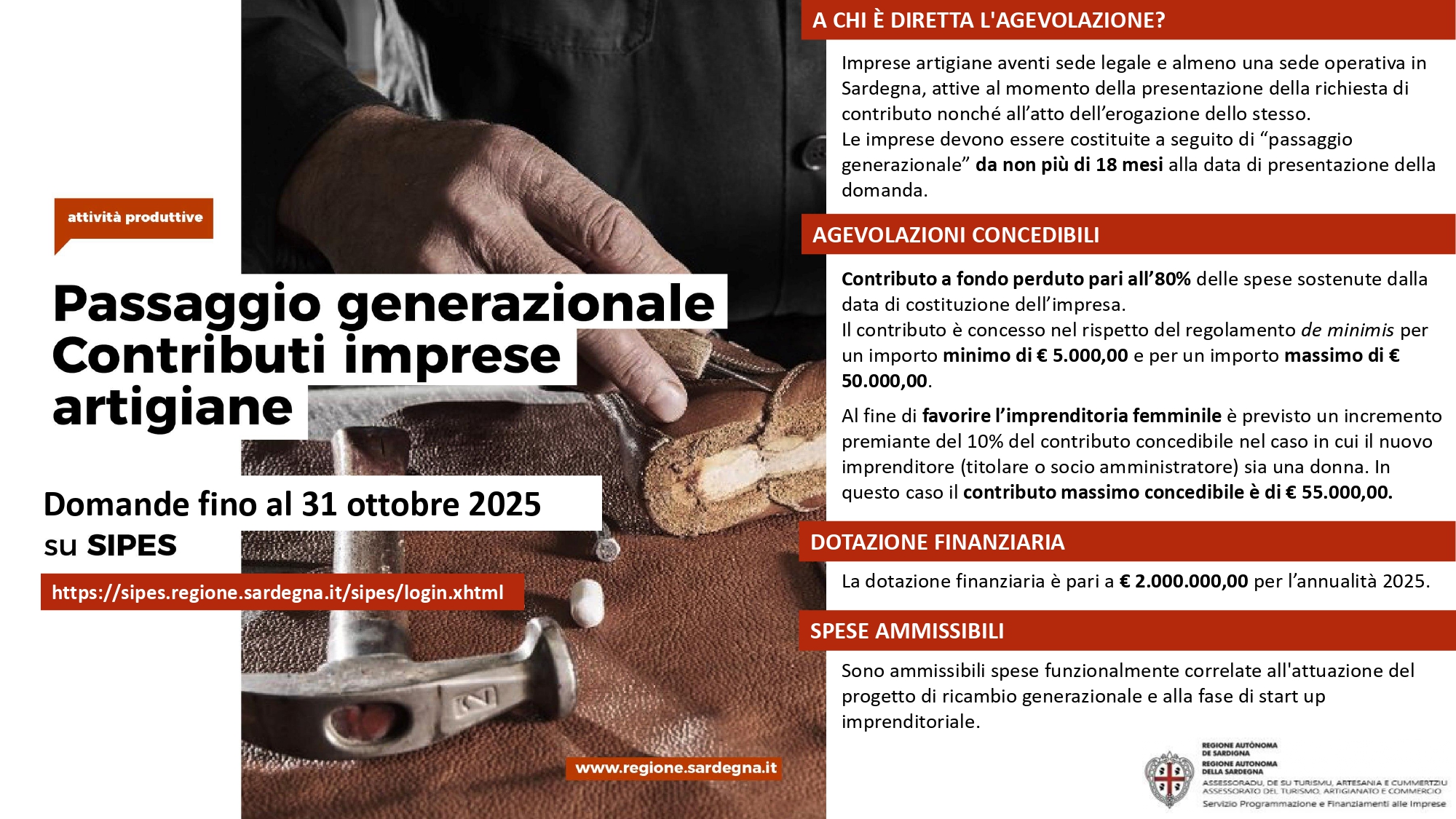 Concessione dei contributi alle imprese artigiane coinvolte nel passaggio generazionale -  LR 18 settembre 2024, n. 13. Scadenza 31/10/2025
