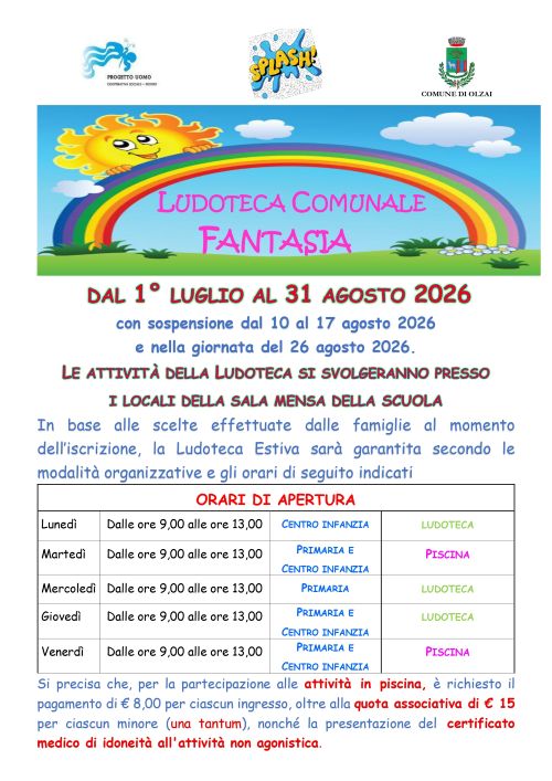 Ludoteca comunale Fantasia 2026 - Orari di apertura
