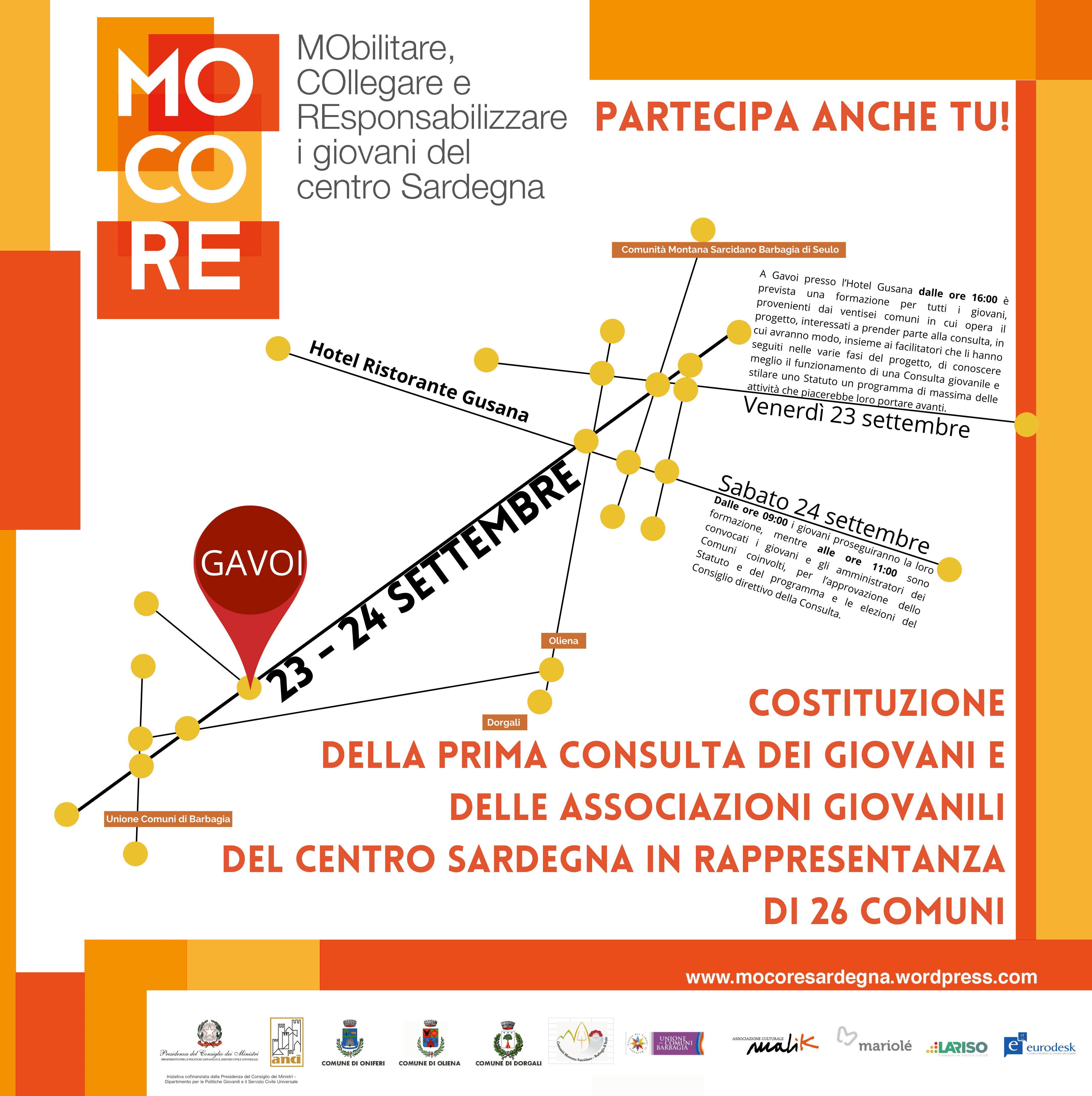 MOCORE : CONSULTA GIOVANI E ASSOCIAZIONI GIOVANILI CENTRO SARDEGNA . GAVOI 23/24 SETTEMBRE 2022.
