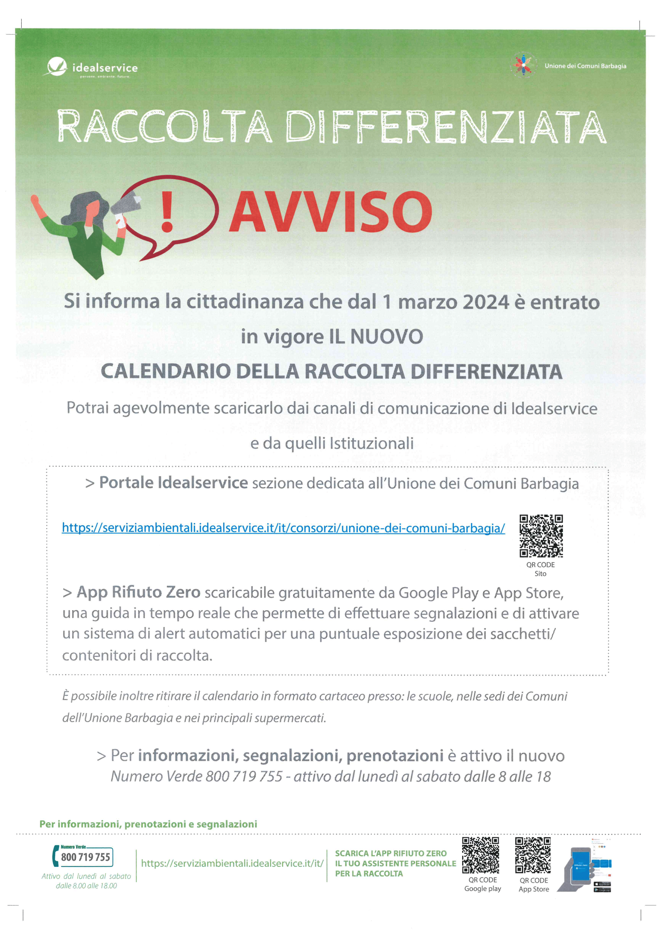 UNIONE DEI COMUNI BARBAGIA - AVVISO RACCOLTA DIFFERENZIATA 2024